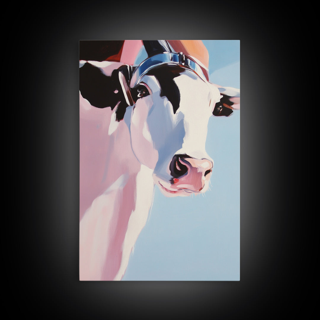 Cow with Hat, farmhouse art, black cowgirl painting, rustic decor, framed canvas print, whimsical art, light pink wall art