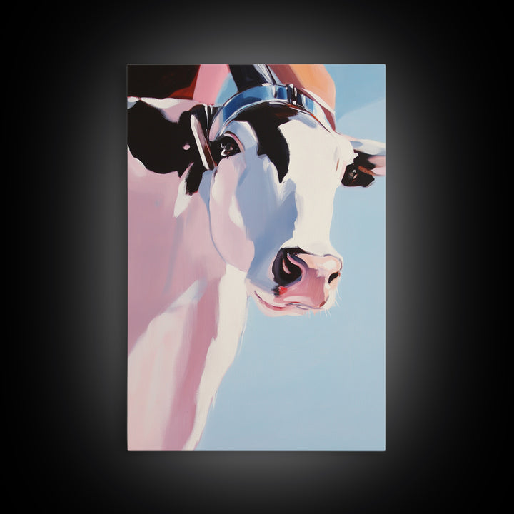 Cow with Hat, farmhouse art, black cowgirl painting, rustic decor, framed canvas print, whimsical art, light pink wall art