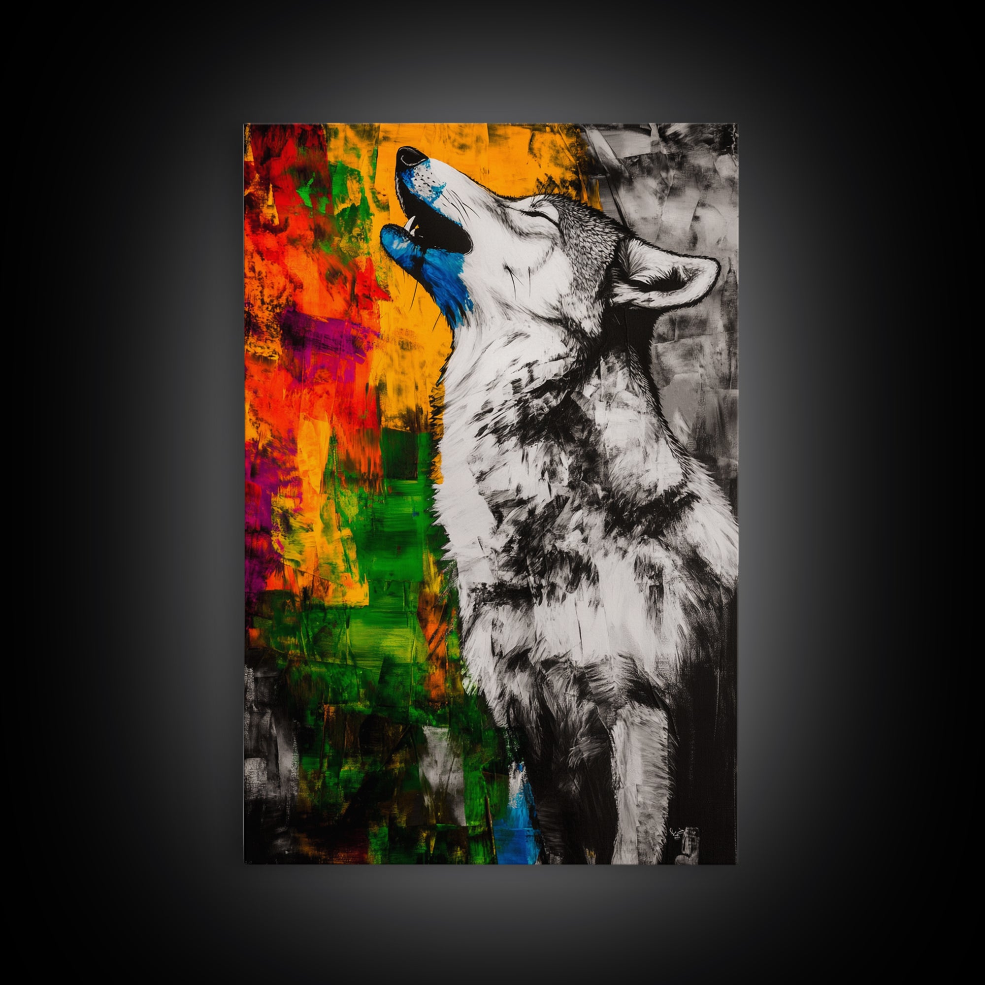 Black and White Wolf, graffiti wall art, rustic decor, moody art, southwest wall art, framed canvas print, dark romance painting