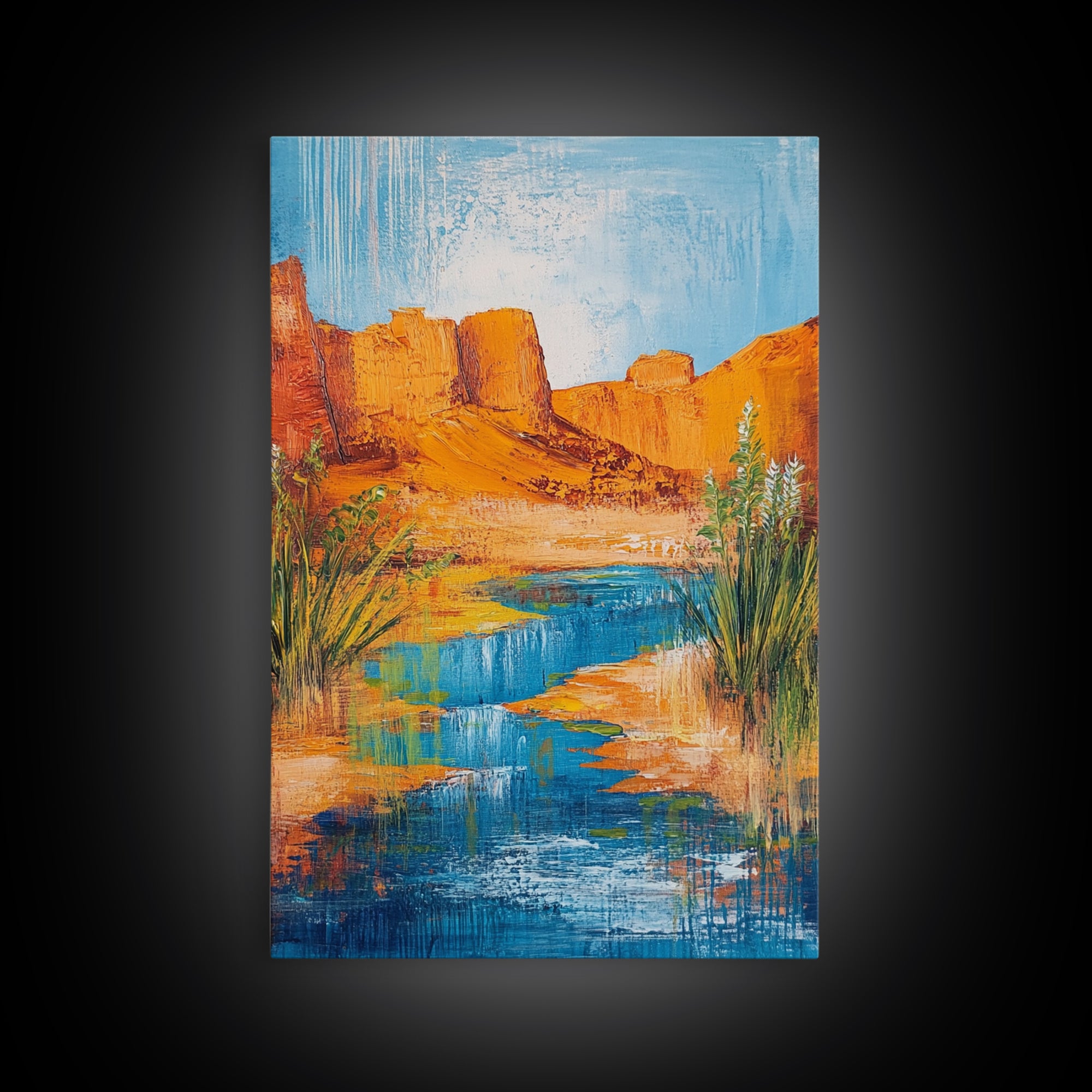 Desert Oasis, vivid landscape, blue water, rustic nature art, warm tones, panoramic painting, framed canvas print, southwest wall art