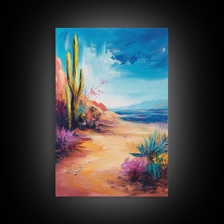 Beach Cactus, coastal landscape, vibrant colors, blue sky, desert meets sea, framed canvas print, coastal cowgirl wall art, boho art