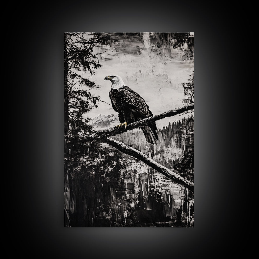 Bald Eagle, majestic bird, black and white, rustic decor, wildlife painting, nature art, framed canvas print, farmhouse wall art