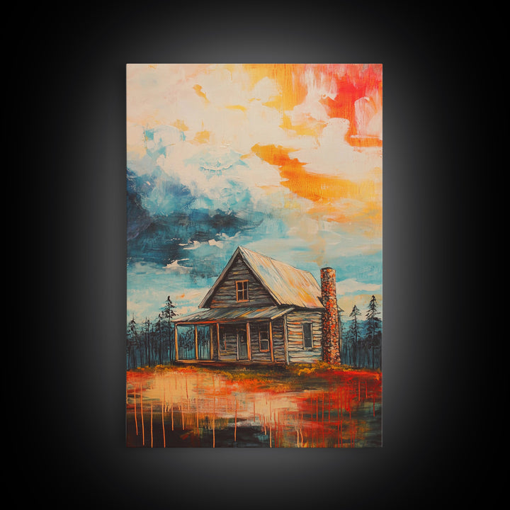 Cabin Painting, Autumn Landscape, Framed Canvas Print, rustic decor, mountain painting, landscape painting, smoky mountain art, extra wide art