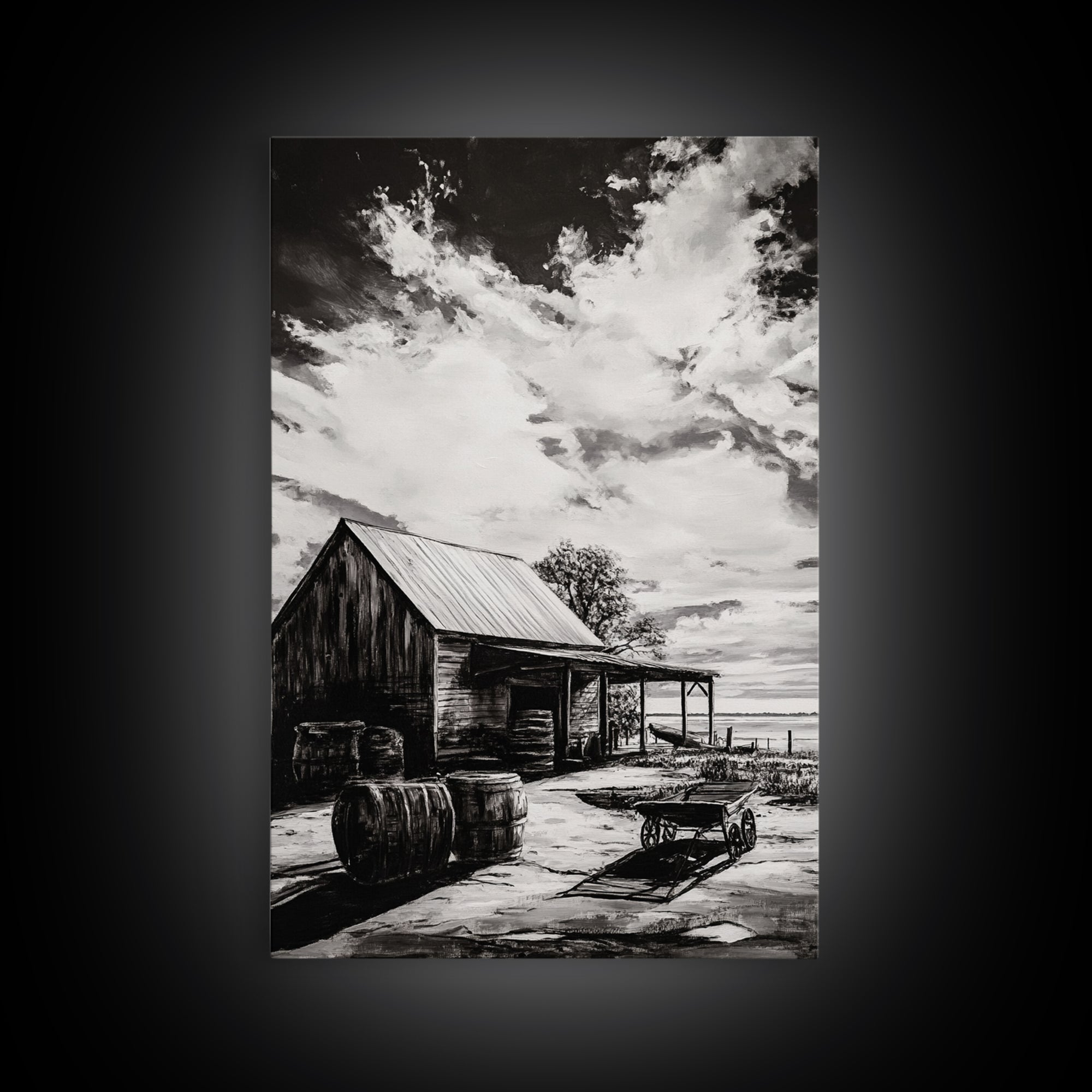 Vintage Barn, Rustic Landscape, Canvas Print, farmhouse art, rustic wall art, barn landscape oil painting, moody art, above couch art, wabi sabi art