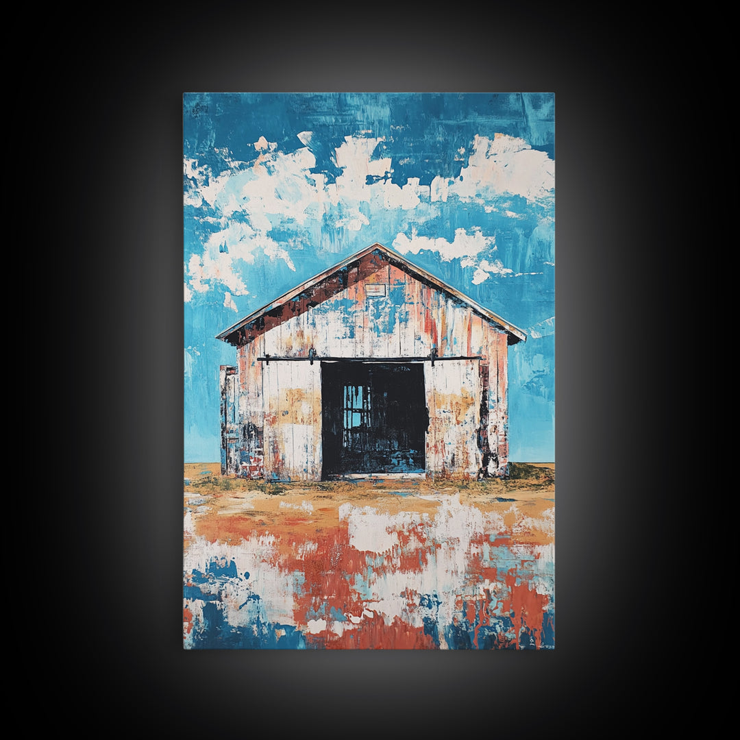 Rustic Barn, farmhouse art, landscape painting, blue and green wall art, extra wide art, panoramic art, Framed Canvas Print