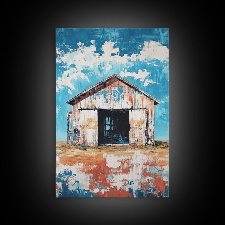 Rustic Barn, farmhouse art, landscape painting, blue and green wall art, extra wide art, panoramic art, Framed Canvas Print