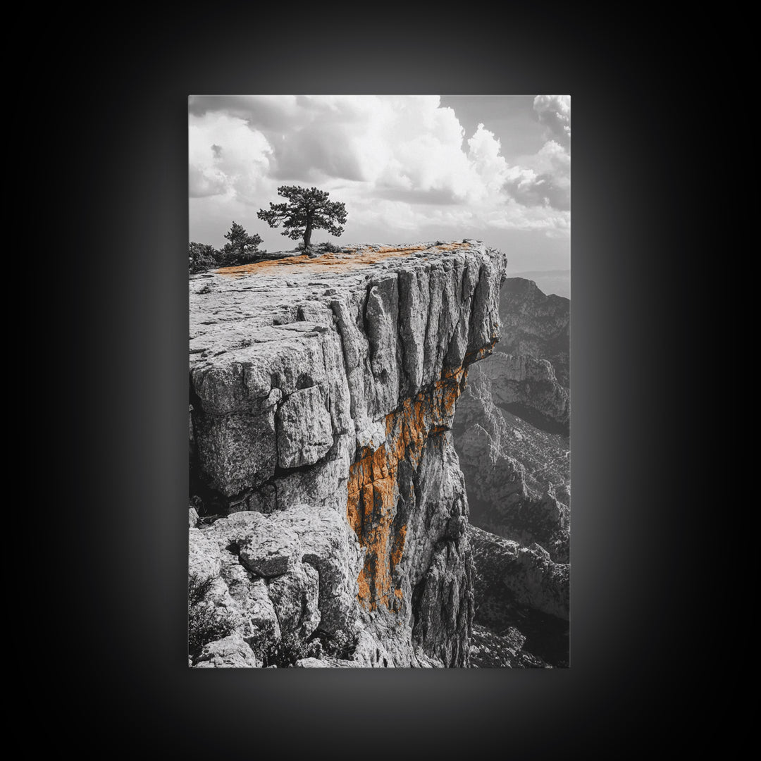 Cliffside View, Mountain Painting, Pine Tree Art, Nature Wall Art, Landscape Painting, Rustic Art, Framed Canvas Print, Moody Art