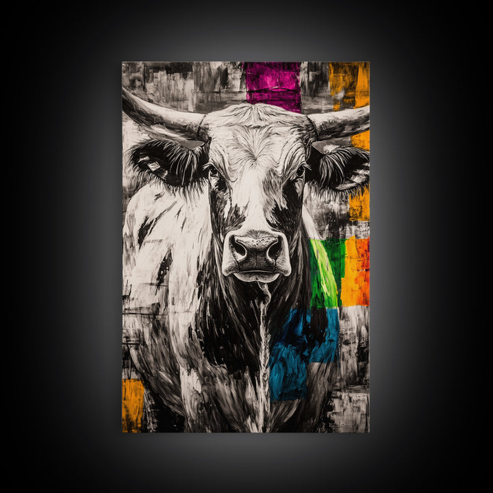 Black and White Cow, rustic art, farmhouse art, bull and bear art, southwest wall art, abstract animal painting, Framed Canvas Print