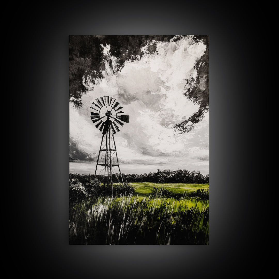 Black and White Windmill, windmill wall art, rustic decor, farmhouse art, landscape painting, framed canvas print, above bed wall art