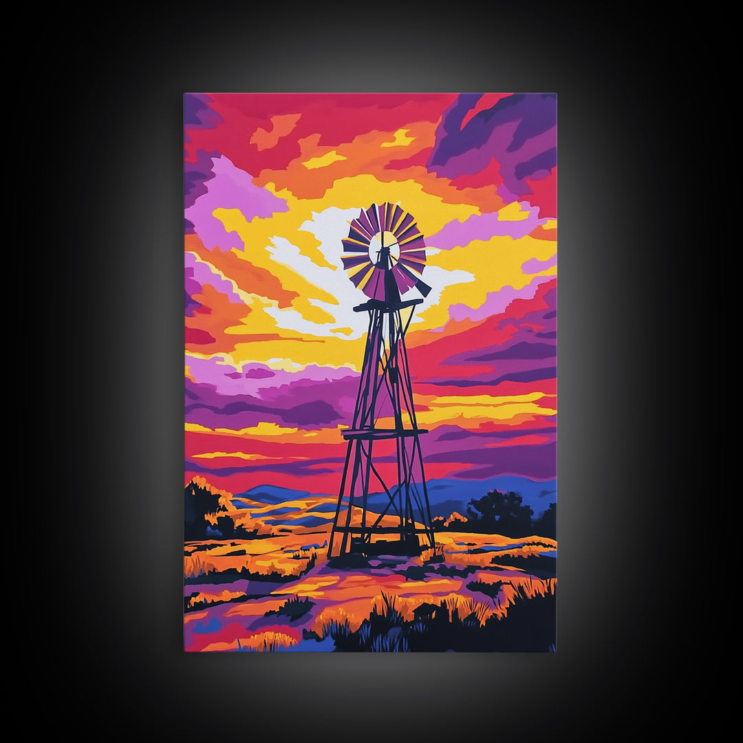 Vibrant Windmill Sunset, pink orange wall art, windmill wall art, rustic art, farmhouse art, canvas print, above couch art, gift idea for her