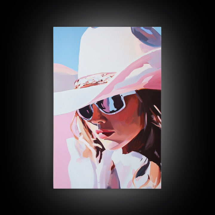 Pink Cowgirl Portrait, black cowgirl painting, western art, pink wall art for dorm, rustic decor, framed canvas print, gift idea for her
