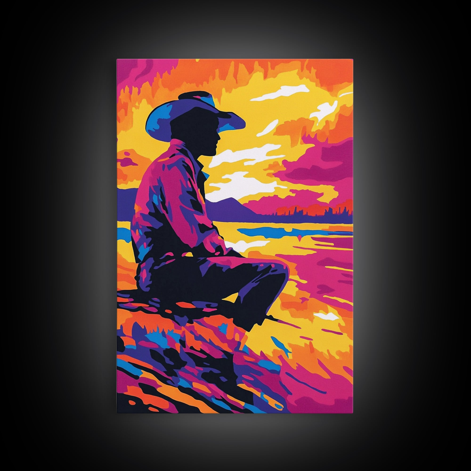 Cowboy Silhouette Sunset, southwest wall art, rustic decor, boho art, western art, pink orange wall art, canvas print, gift idea for him