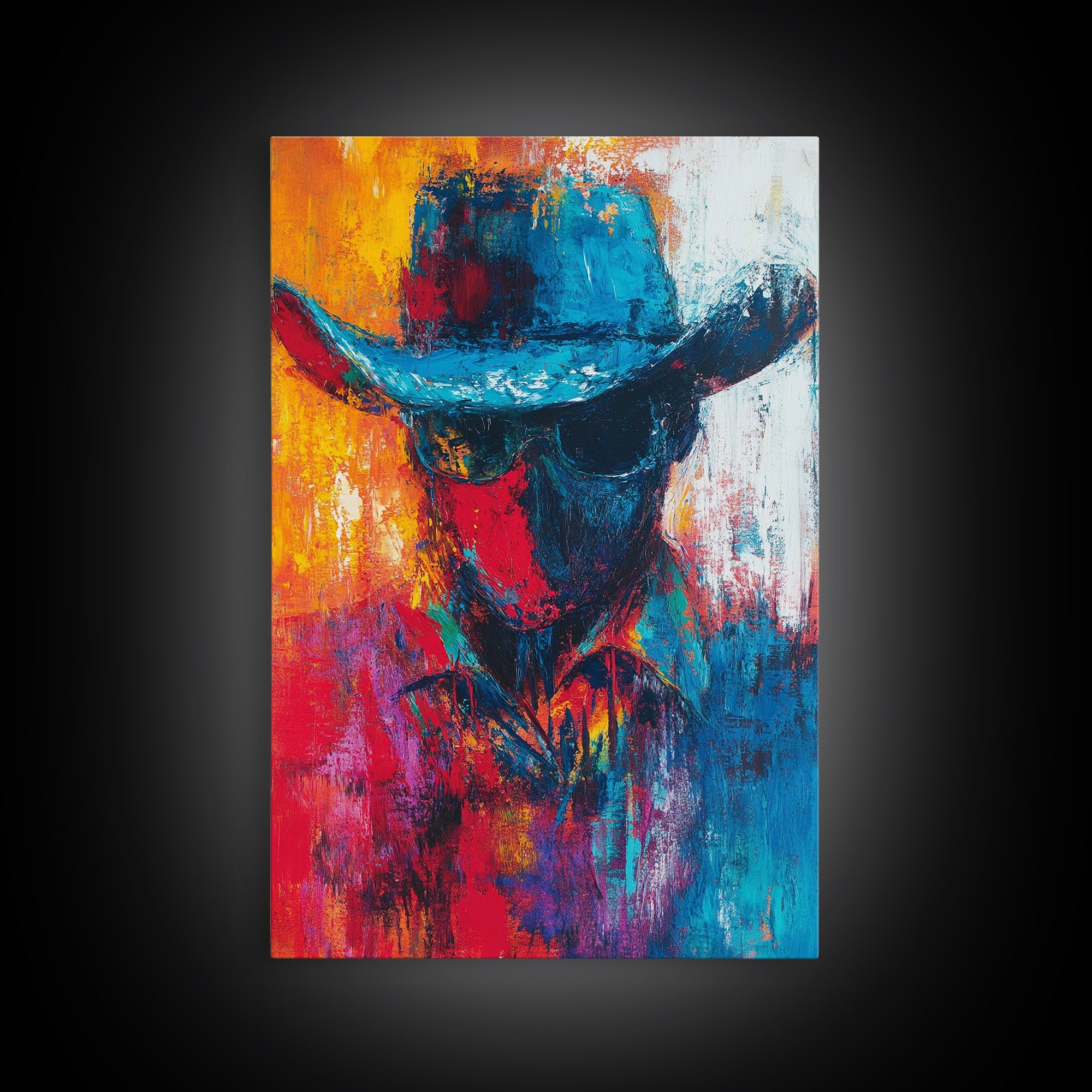 Abstract Cowboy Portrait, southwest wall art, rustic art, boho art, western art, lofi art, framed canvas print, gift idea for him