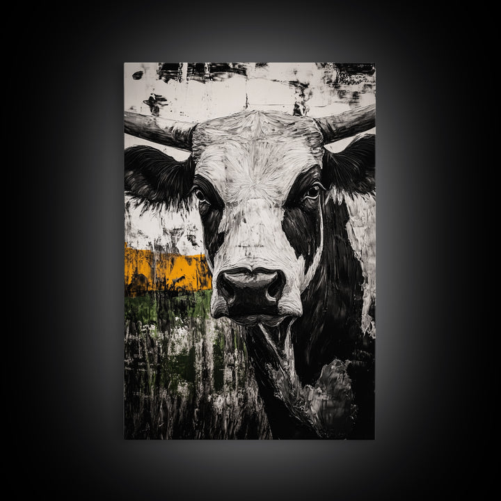 Black and White Bull, bull and bear art, rustic wall art, farmhouse art, moody art, framed canvas print, above couch art, gift idea for him