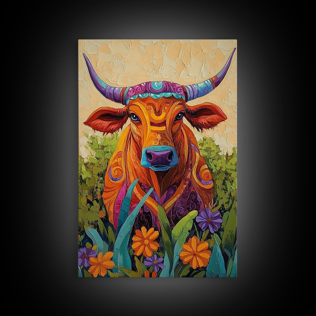 Colorful Bull Art, boho art, wabi sabi art, whimsical art, wildflower painting, framed canvas print, gift idea, rustic wall art