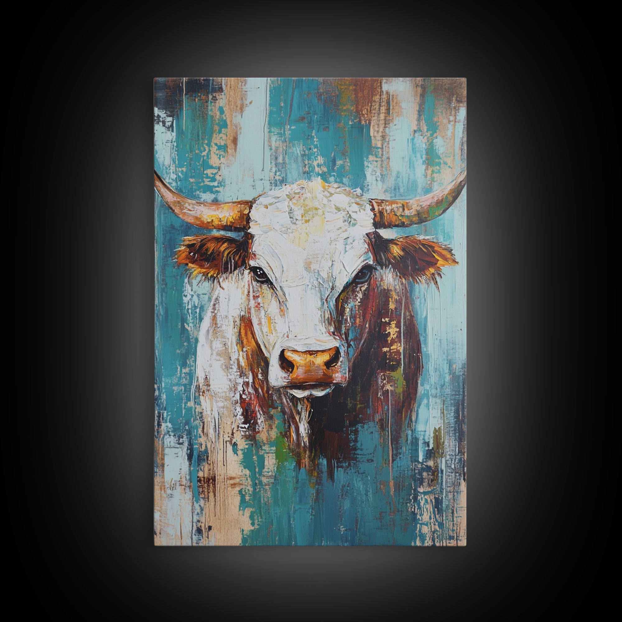 Rustic Cow Portrait, farmhouse art, rustic wall art, blue and green wall art, textured oil painting, canvas print, gift idea, wabi sabi art