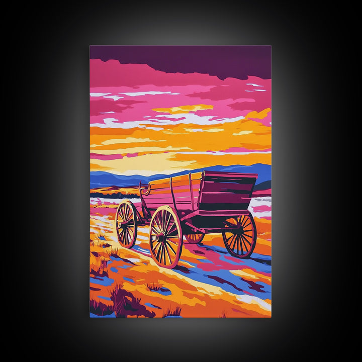 Sunset Wagon Art, pink orange wall art, Joshua tree art, rustic wall art, warm tones painting, framed canvas print, gift idea, extra wide art