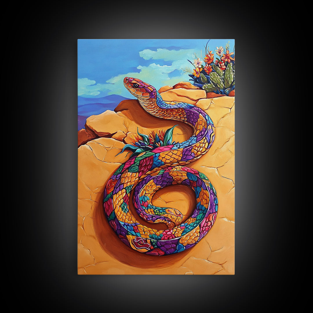 Coiled Snake, Vibrant Snake Art, Desert Landscape, Wildlife Art, Southwest Wall Art, Unique Decor, Framed Canvas Print