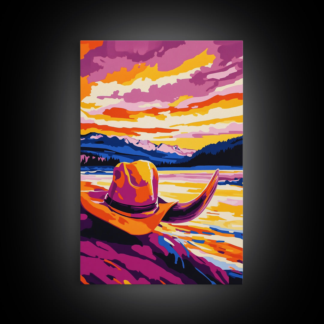 Cowgirl hat landscape, cowboy decor, rustic wall art, boho art, pink orange wall art, framed canvas print, western wall art, above bed art