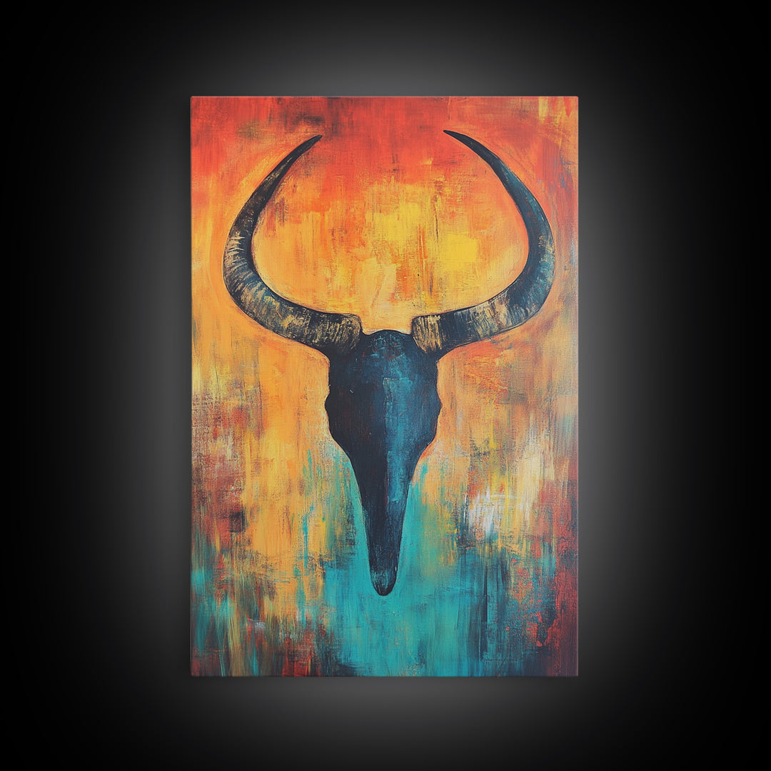 Bull skull painting, rustic wall art, western wall art, teal wall art, boho art, framed canvas print, farmhouse art, gift idea him