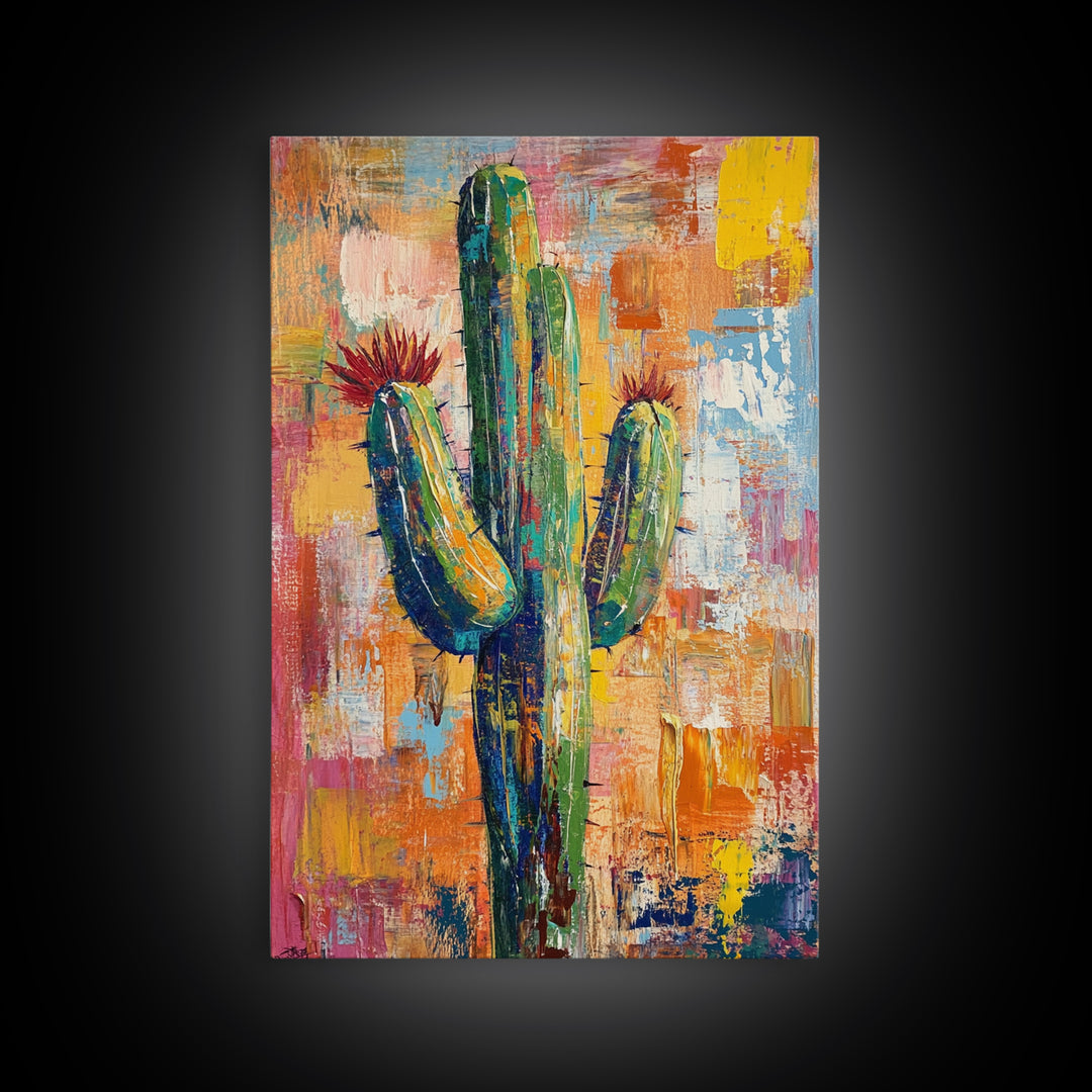 Southwest cactus painting, desert decor, rustic wall art, boho art, framed canvas print, western wall art, gift idea her, botanical prints
