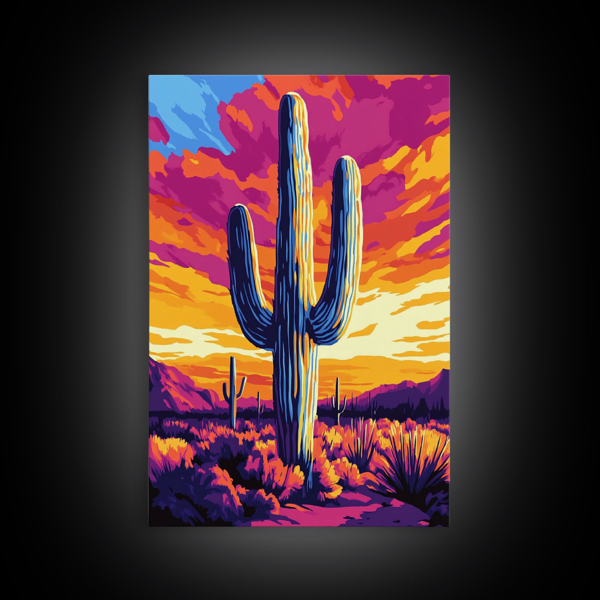 Saguaro Cactus, Desert Sunset, Vibrant Landscape, Southwest Wall Art, Canvas Print, Extra Wide Art, Rustic Decor, Joshua Tree Art