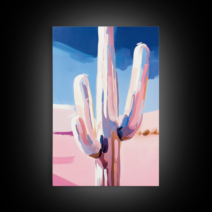Abstract Cactus, Pastel Desert, Minimalist Landscape, Southwest Wall Art, Canvas Print, Vertical Wall Art, Boho Art, Light Pink Wall Art