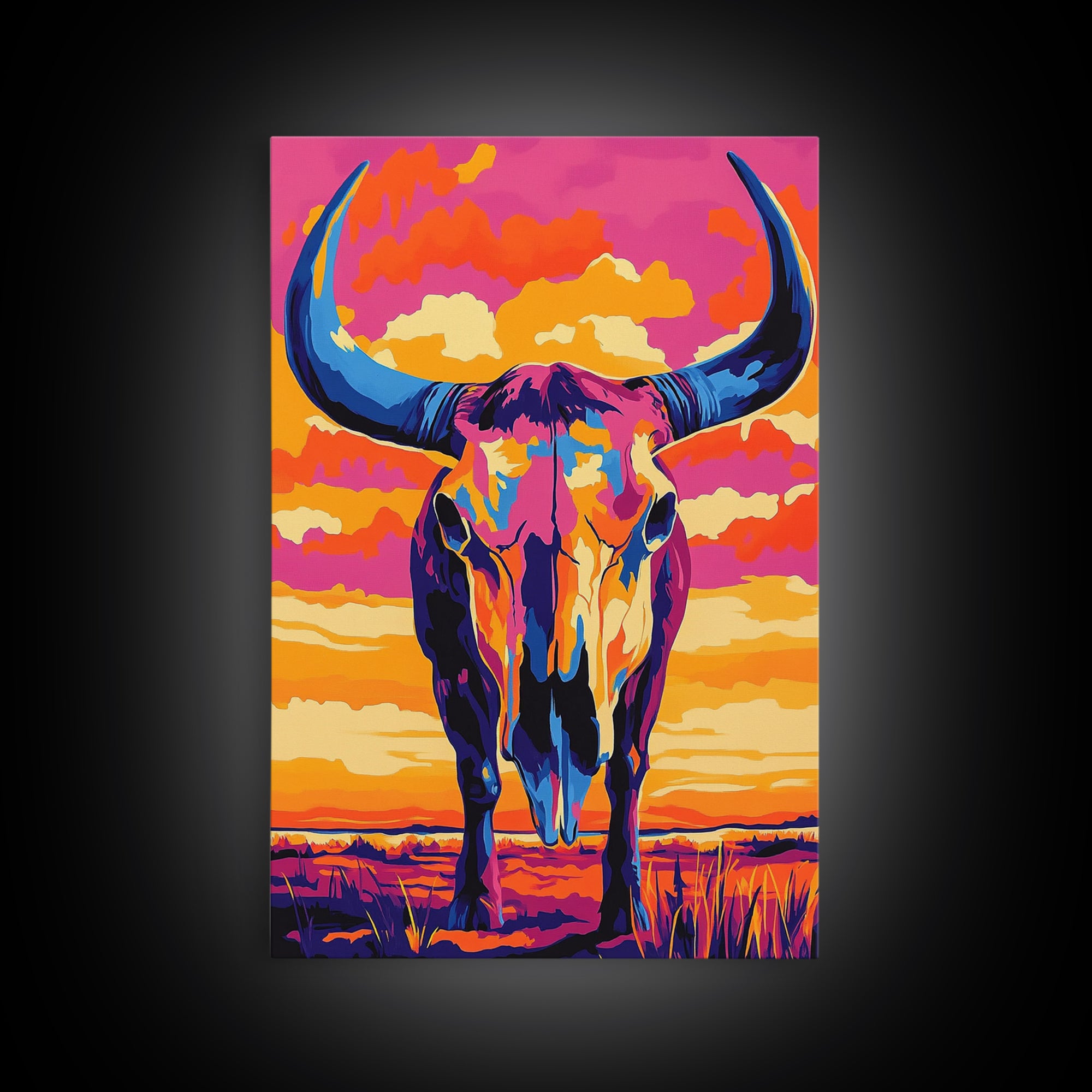 Bull Skull Art, Teal Wall Art, Rustic Wall Art, Framed Canvas Print, Moody Art, Boho Aesthetic, Extra Wide Art, Southwest Decor, Gift Idea