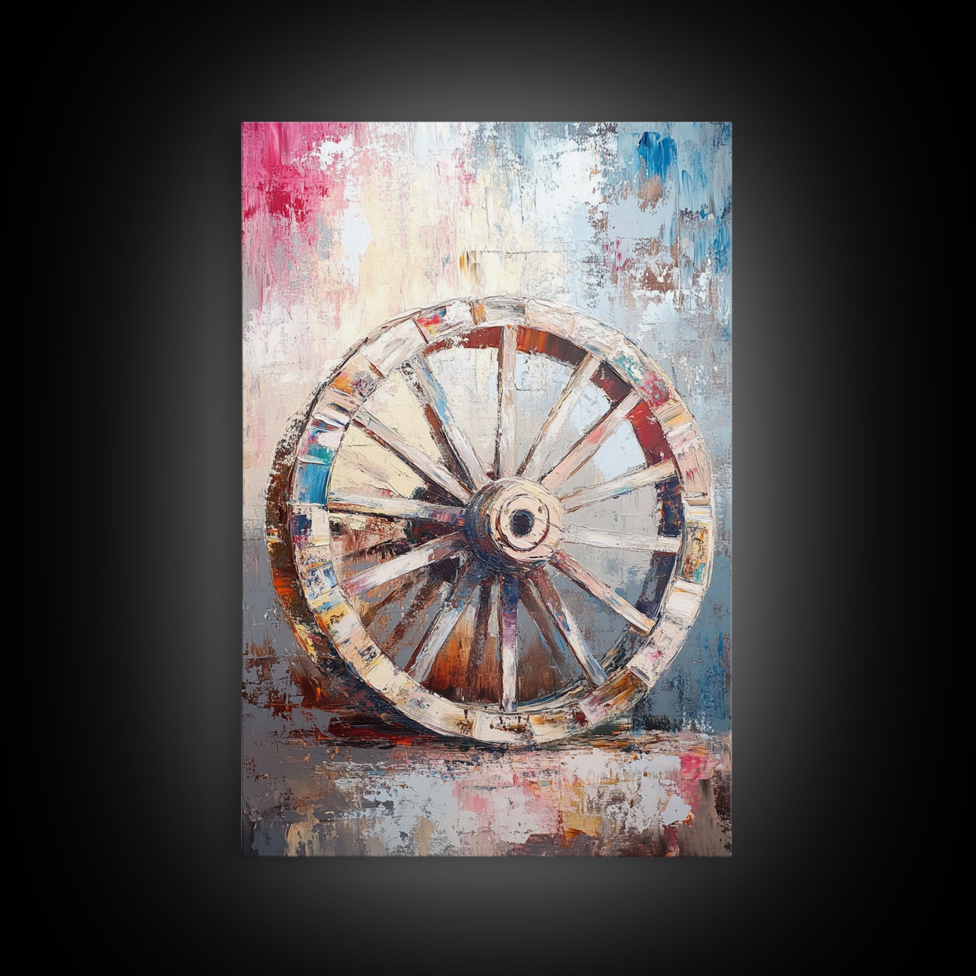Abstract Rustic Wheel, Mosaic Wall Art, Teal Wall Art, Framed Canvas Print, Southwest Aesthetic, Moody Art, Farmhouse Decor, Gift Idea