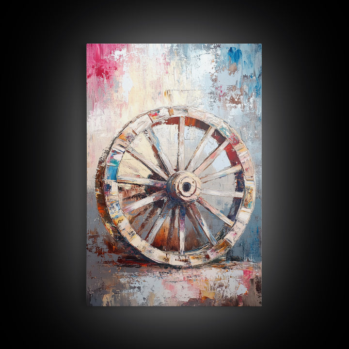 Abstract Rustic Wheel, Mosaic Wall Art, Teal Wall Art, Framed Canvas Print, Southwest Aesthetic, Moody Art, Farmhouse Decor, Gift Idea