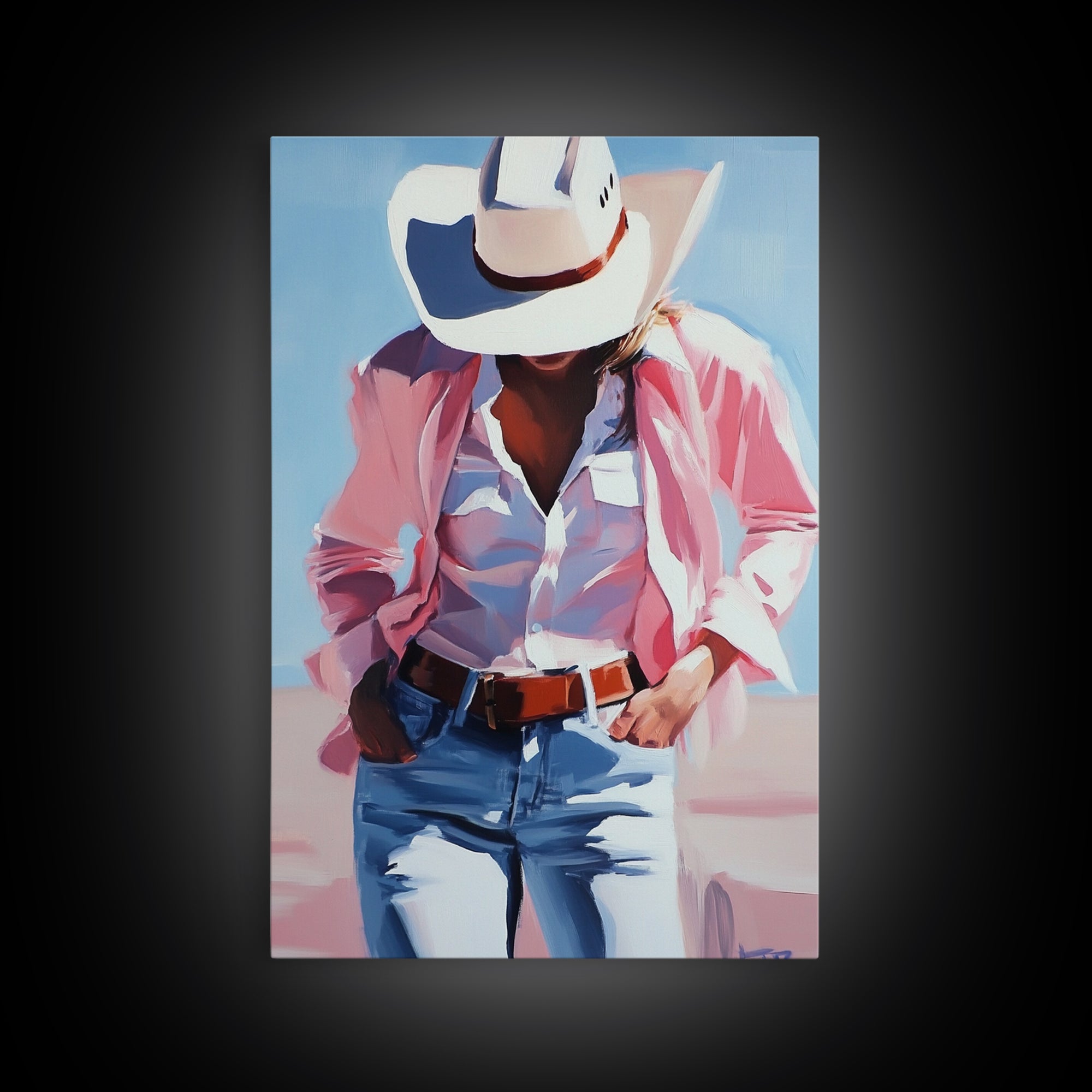 Cowgirl Painting, Coastal Cowgirl Wall Art, Western Decor, Framed Canvas Print, Rustic Aesthetic, Light Pink Wall Art, Gift Idea