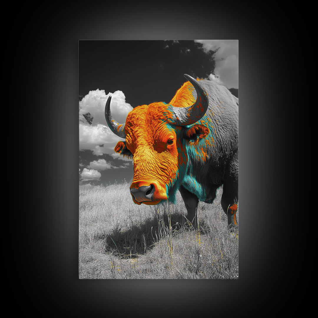 Colorful Buffalo Art, Southwestern Art, Rustic Home Decor, Bold Animal Art, Unique Gift Idea, Framed Canvas Print, Farmhouse Wall Art