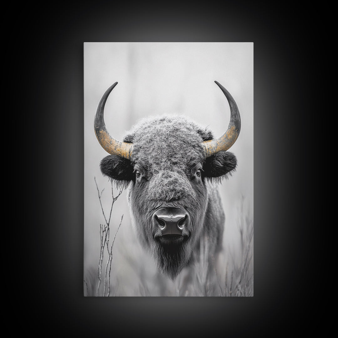 Bison, buffalo art, wildlife painting, framed canvas print, rustic decor, western wall art, moody nature, farmhouse animal art, southwest