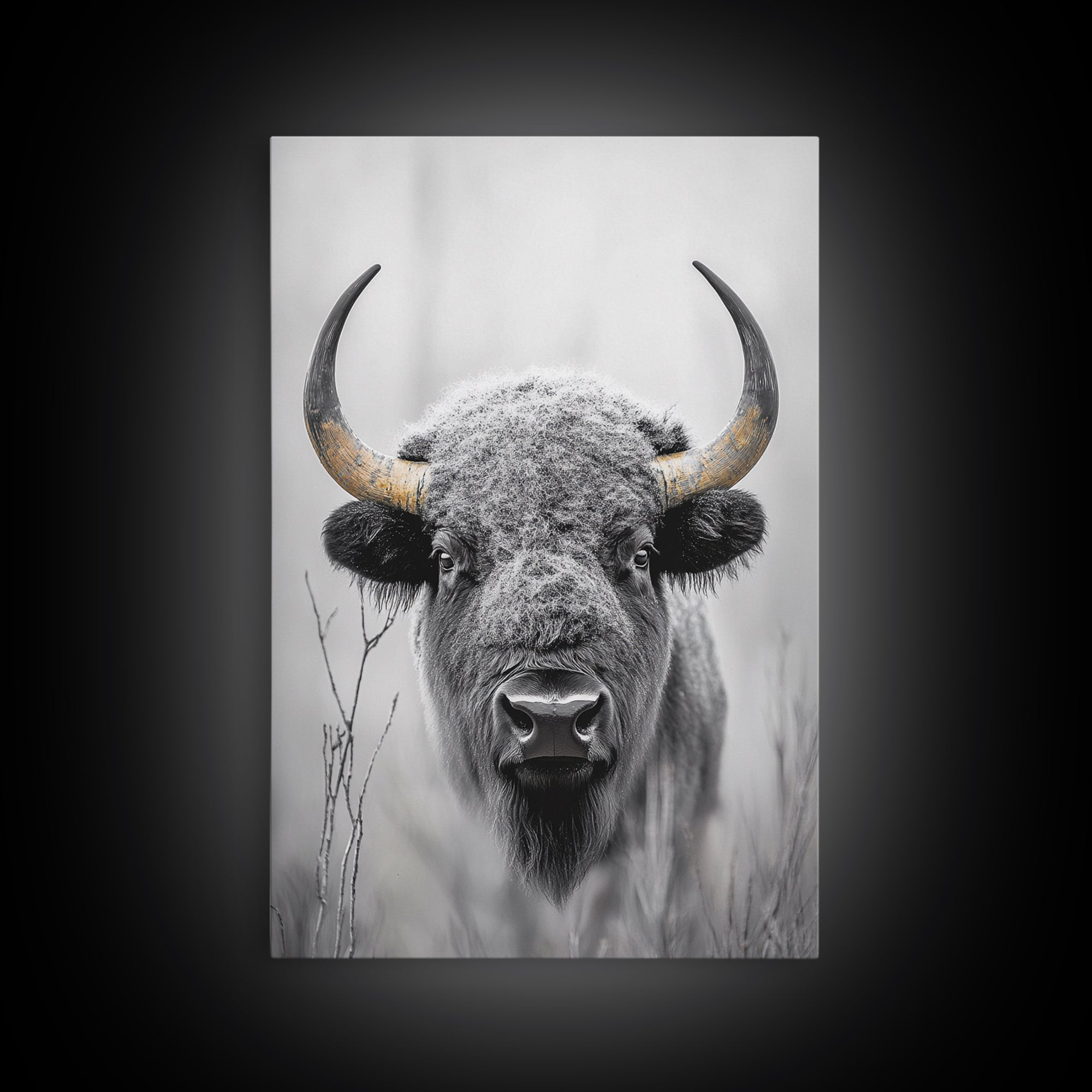 Bison, buffalo art, wildlife painting, framed canvas print, rustic decor, western wall art, moody nature, farmhouse animal art, southwest