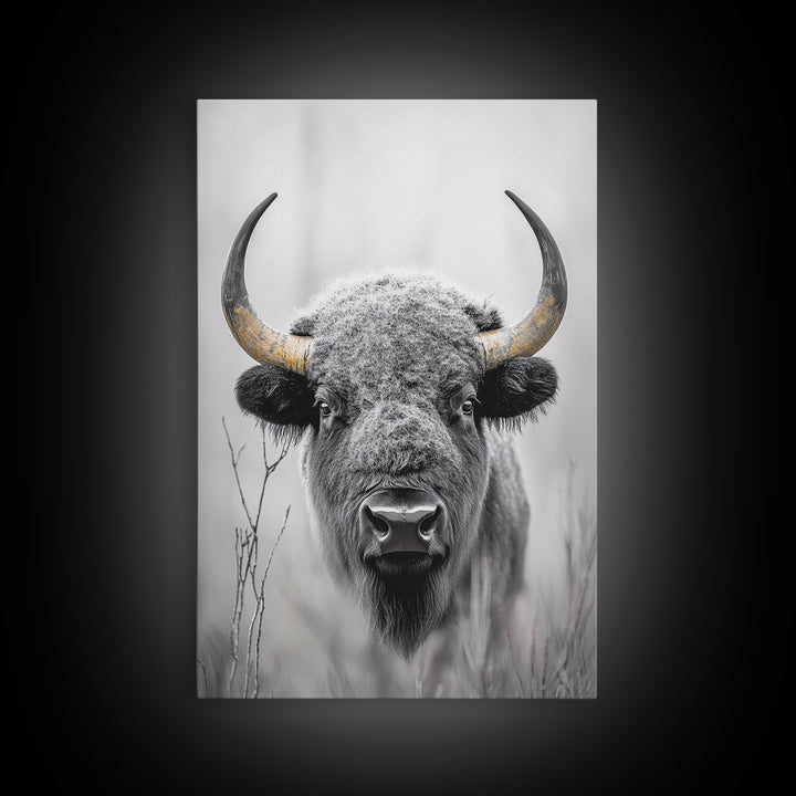 Bison, buffalo art, wildlife painting, framed canvas print, rustic decor, western wall art, moody nature, farmhouse animal art, southwest