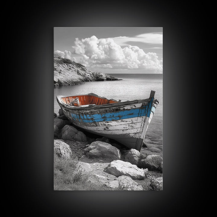 Rustic Boat Painting, Coastal Decor, Nautical Wall Art, Seascape Painting, Beach House Art, Gift Idea, Canvas Print, Wabi Sabi Art