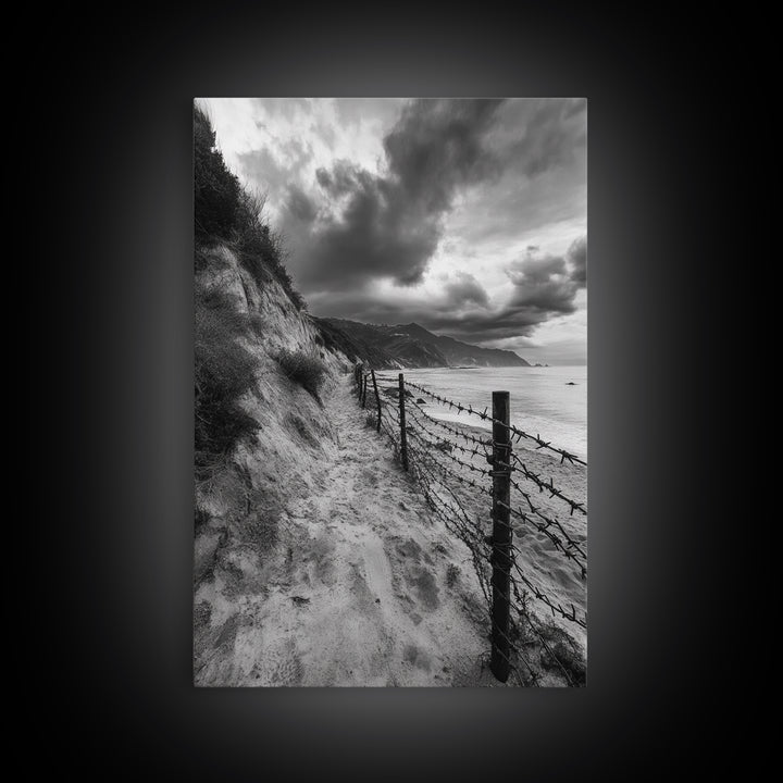 Coastal Path, stormy beach, dramatic sky, coastal wall art, black and white, framed canvas print, moody landscape, nautical decor