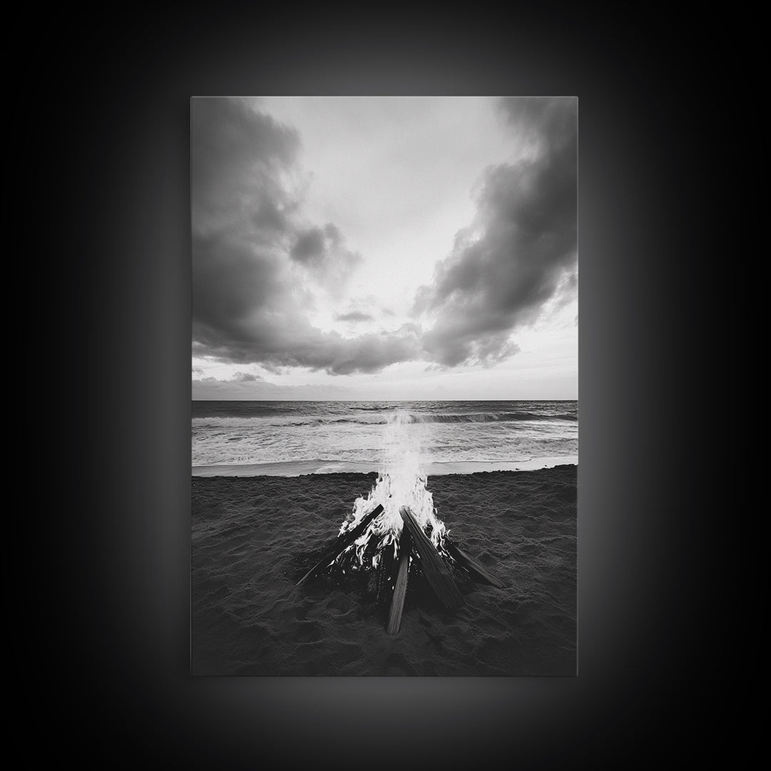 Beach Bonfire, coastal landscape art, rustic decor, moody art, dramatic seascape, black and white, framed canvas print, nautical wall art
