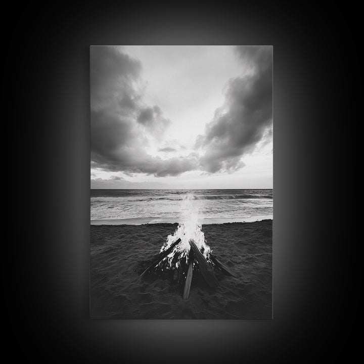 Beach Bonfire, coastal landscape art, rustic decor, moody art, dramatic seascape, black and white, framed canvas print, nautical wall art