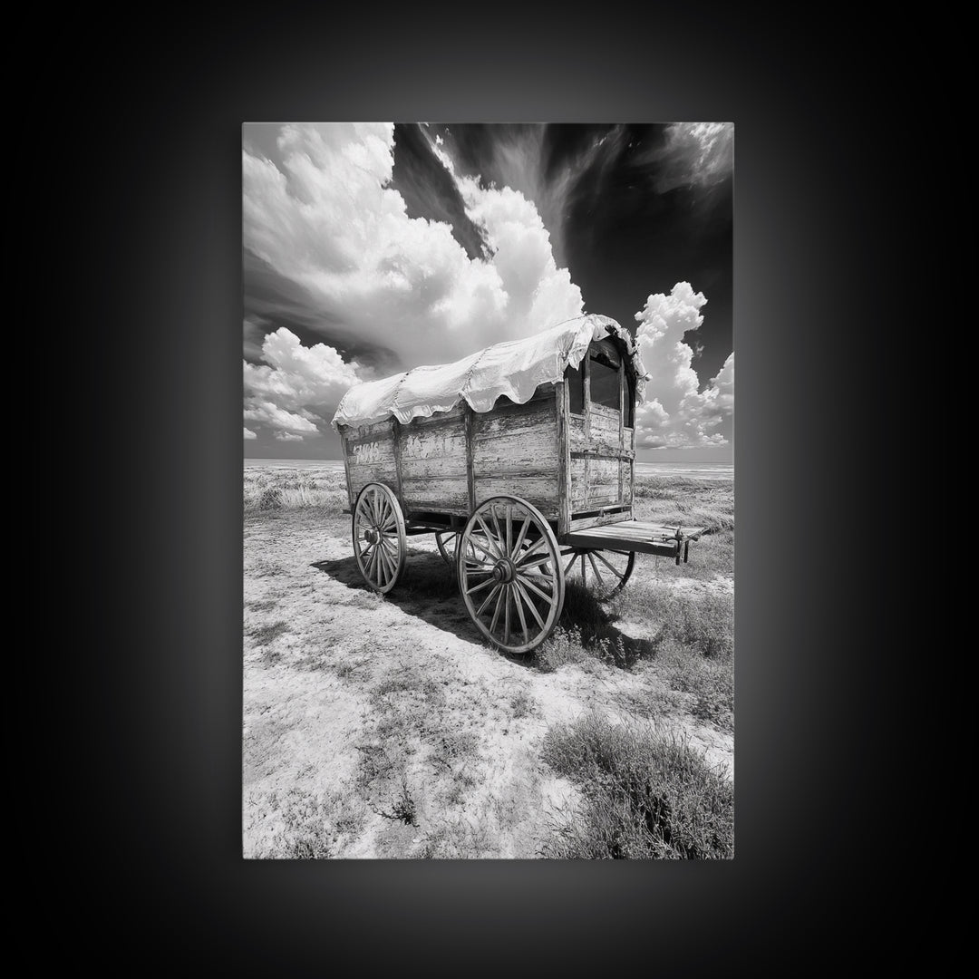 Covered wagon photography, rustic decor, framed canvas print, southwest wall art, farmhouse art, western aesthetic, black and white photography