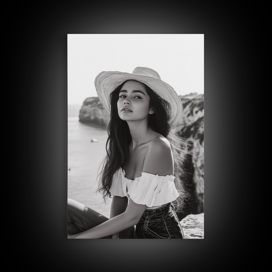 Coastal cowgirl wall art, boho art, framed canvas print, ocean photography, rustic decor, beach aesthetic, seascape painting, black and white art