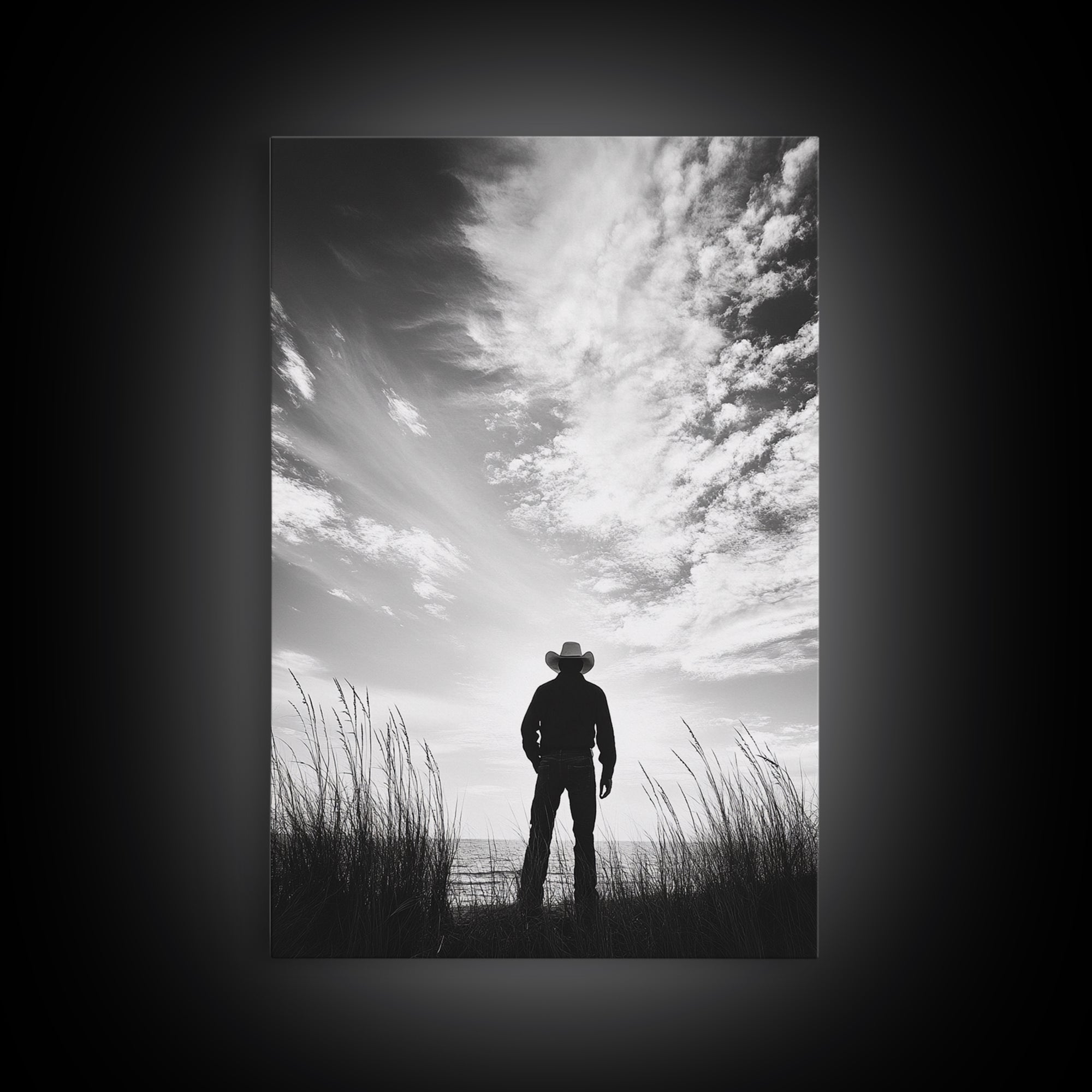 Lone Cowboy, coastal cowgirl wall art, moody art, western art, rustic decor, wabi sabi art, framed canvas print, extra wide art