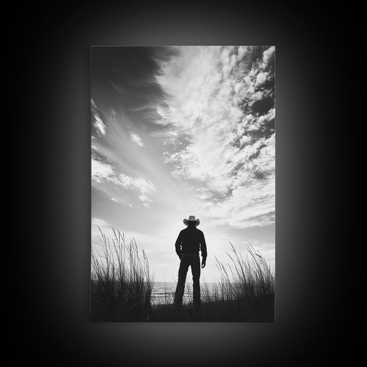 Lone Cowboy, coastal cowgirl wall art, moody art, western art, rustic decor, wabi sabi art, framed canvas print, extra wide art
