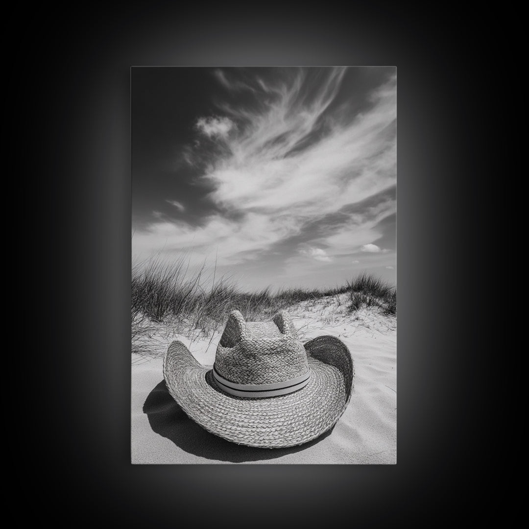 Straw Hat, coastal cowgirl wall art, wabi sabi art, beach photography, western decor, rustic art, framed canvas print, minimalist art