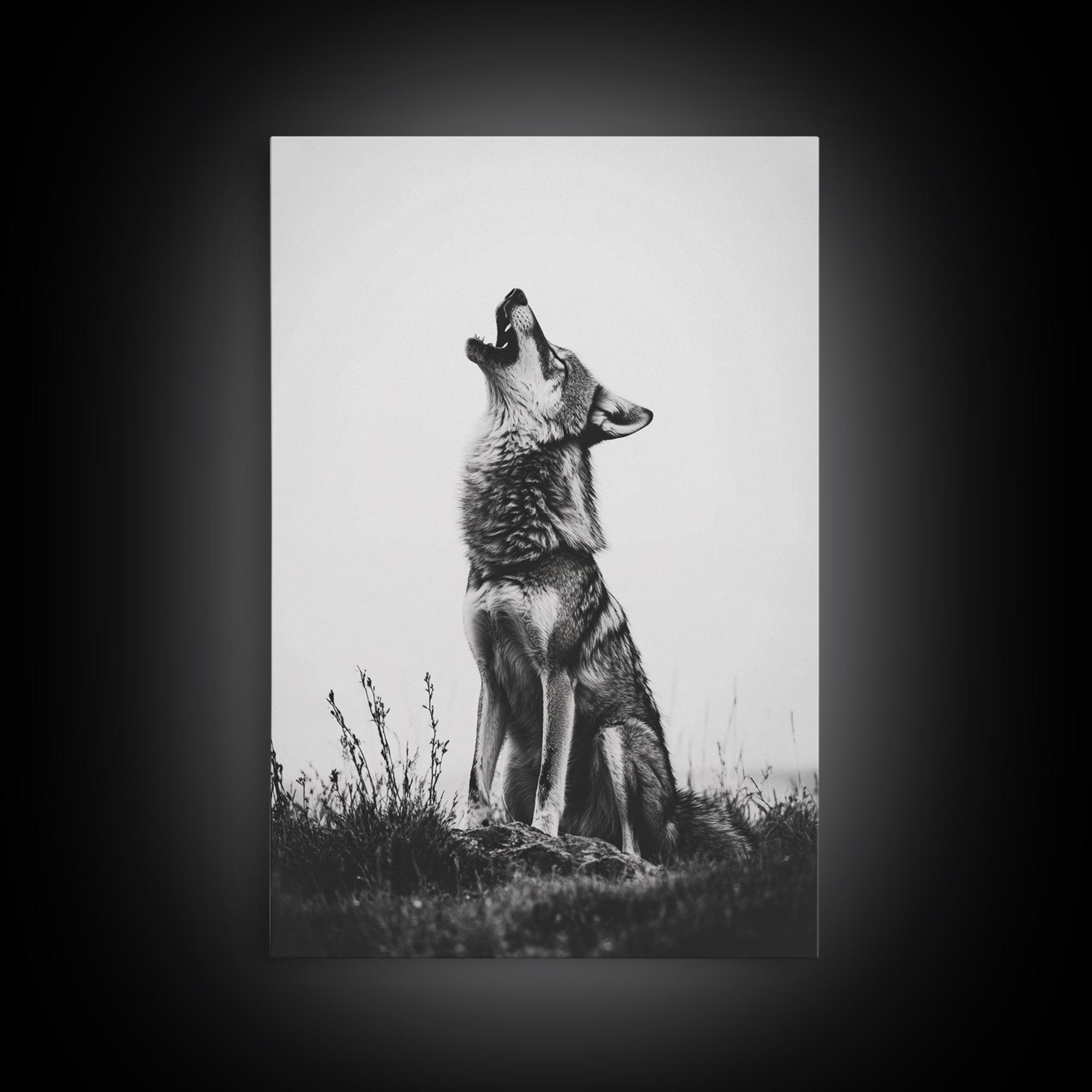 Howling Wolf, wildlife art, moody art, rustic decor, nature photography, black and white animal print, framed canvas print, minimalist art