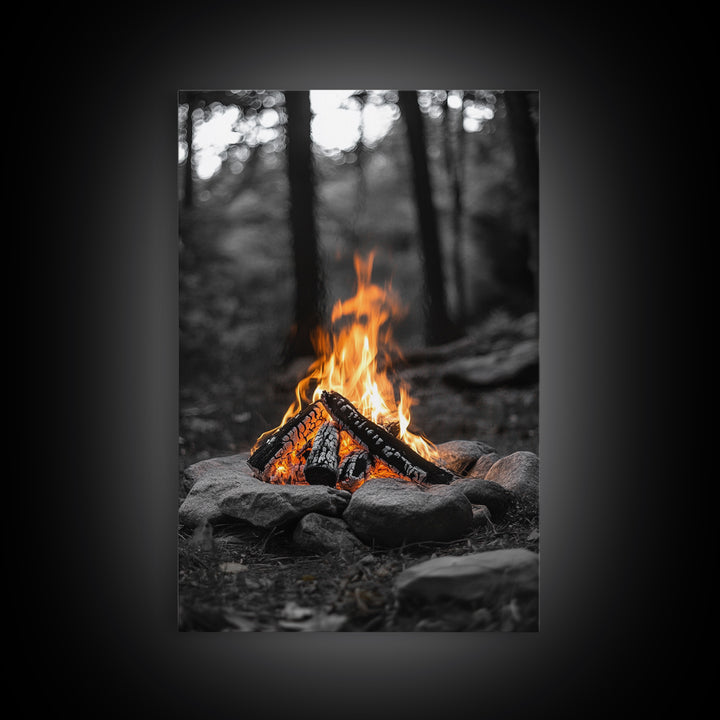 Campfire, rustic art, outdoor adventure, framed canvas print, wilderness decor, bonfire night, cozy cabin wall art, moody art, fall vibes