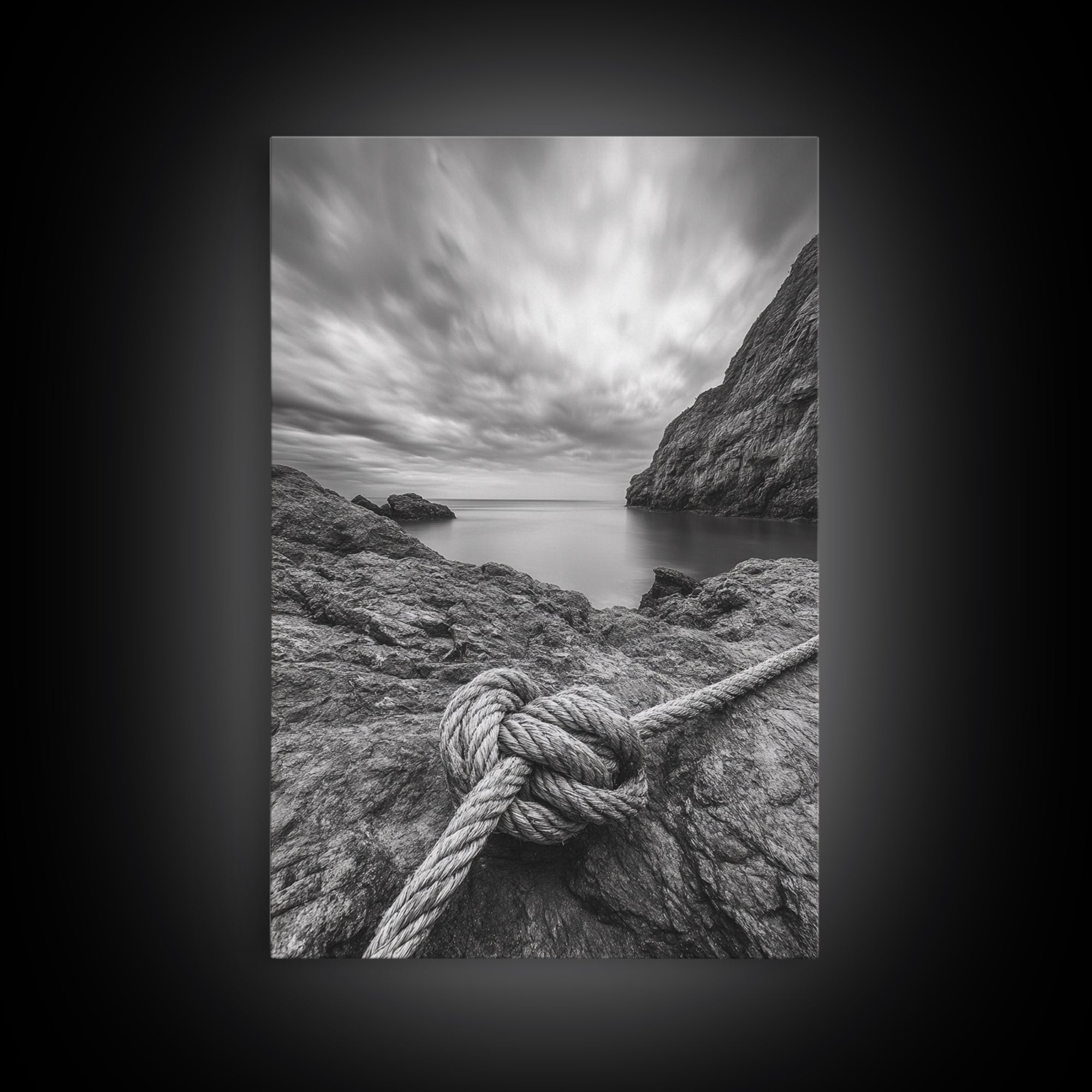 Nautical art, rope knot, coastal decor, moody art, wabi sabi art, rustic photography, living room art, canvas print, panoramic wall art