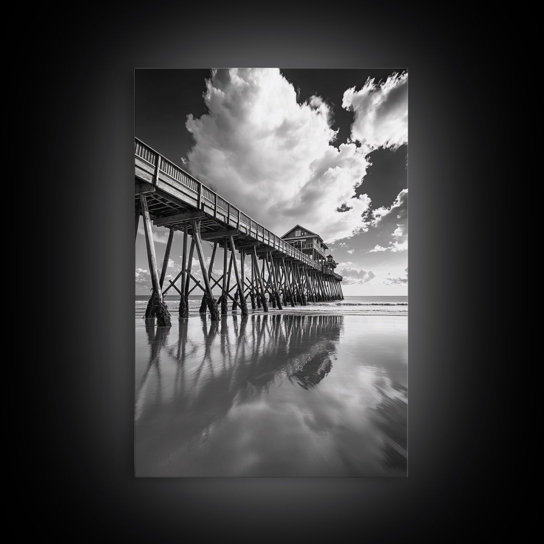 Pier reflection, seascape painting, nautical decor, rustic wall art, black and white photography, extra wide art, framed canvas print