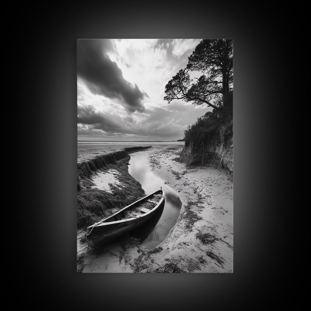Abandoned boat, coastal decor, moody art, wabi sabi wall art, nature photography, nautical art, black and white wall art, canvas print