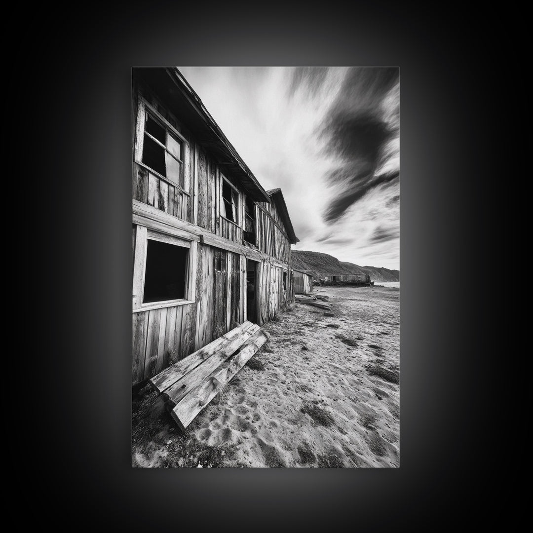 Rustic barn, farmhouse art, abandoned building, vintage Christmas, moody art, black and white wall art, wabi sabi wall art, framed canvas print